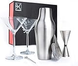 The Elan Colletive Shake it Up Cocktail Set mit französischem Shaker, Barsieb, Barmass sowie Zwei Martini Gläsern
