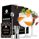 Vemacity Premium Gin Gläser 2er Set | 2 Ballonförmige Gin Tonic Gläser (550ml) | Mit Silbernem Bar-Löffel & Doppelseitigem Jigger | Elegantes Gingläser Geschenkset | Auch als Aperol Glas nutzbar