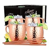 Vezato Moscow-Mule-Becher [500ml] – Gehämmerte Kupferbecher mit Strohhalmen – Handgemachtes -Set [4 Stück] – Rostfreie Kupfer Becher